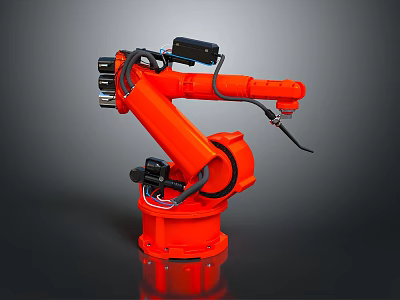 Orange Industrial Robotic Arm with Black Components and Cables on Dark Background 3d model