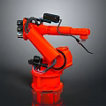 Orange Industrial Robotic Arm with Black Components and Cables on Dark Background