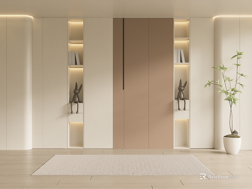 Modern Luxury Built-in Wardrobe With White Beige Design LED Lighting Decorative Ornaments And Green Plant 3d model 