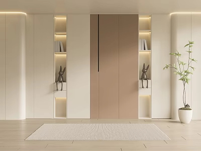 Modern Luxury Built-in Wardrobe With White Beige Design LED Lighting Decorative Ornaments And Green Plant 3d model