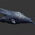 Detailed Blue Whale Sculpture With Red Stripes Open Mouth On Dark Background