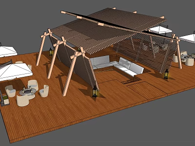 Outdoor Wooden Pergola With Sofa Lanterns And White Umbrellas On Wooden Floor 3d model