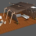 Outdoor Wooden Pergola With Sofa Lanterns And White Umbrellas On Wooden Floor