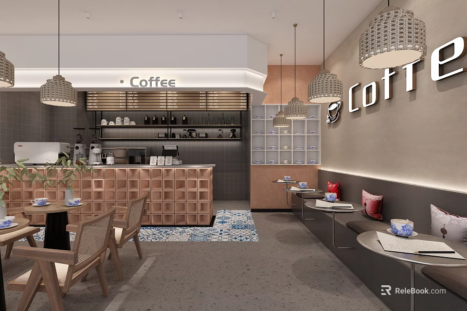 Cozy Café Interior With Pendant Lights Wooden Counter Tables Chairs And Coffee Sign 3d model 