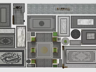 Traditional Chinese Style Floor Tiles Featuring Dragon Motifs Geometric Patterns And Various Shapes 3d model