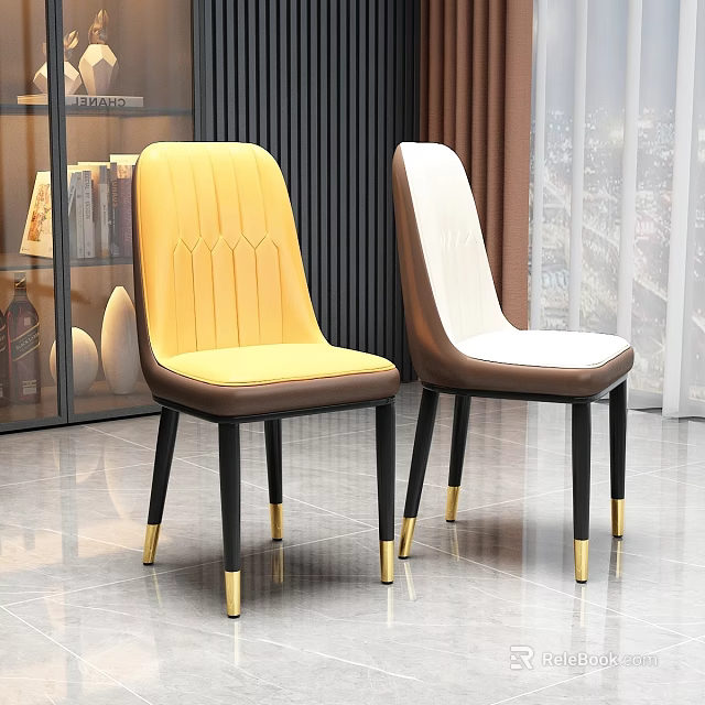 Modern Style Dining Chairs With Yellow White Leather Seats Black Legs Golden Accents 3d model 