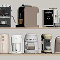 Various Modern Kitchen Appliances On Shelves Including Coffee Makers And Toasters 3d model