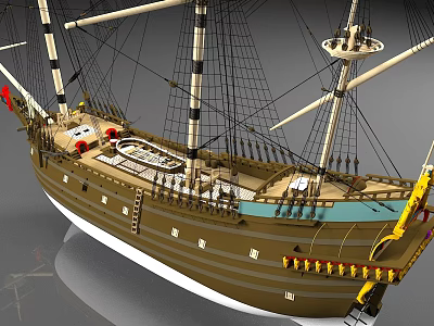 Historical Sailing Warship Model With Tall Masts Rigging Orange Lifebuoys And Brown White Hull 3d model