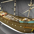 Historical Sailing Warship Model With Tall Masts Rigging Orange Lifebuoys And Brown White Hull