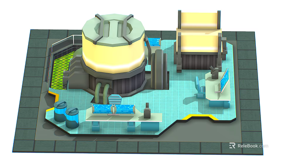 Cartoon Industrial Tech Scene Featuring Large Circular Device Yellow Light Green Grid And Blue Console 3d model