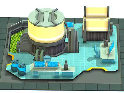 Cartoon Industrial Tech Scene Featuring Large Circular Device Yellow Light Green Grid And Blue Console 3d model