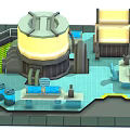 Cartoon Industrial Tech Scene Featuring Large Circular Device Yellow Light Green Grid And Blue Console 3d model