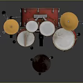 Red Drum Set With Snare Tom Tom Bass Drums And Yellow Cymbals On Stands