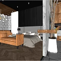 Modern Hotel Guest Room Interior Design With Brown Leather Sofas Wooden Ceiling And Geometric Rug
