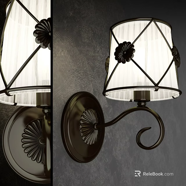 Vintage Wall Lamp With White Lampshade Black Metal Frame Curved Arm And Floral Decorations 3d model 