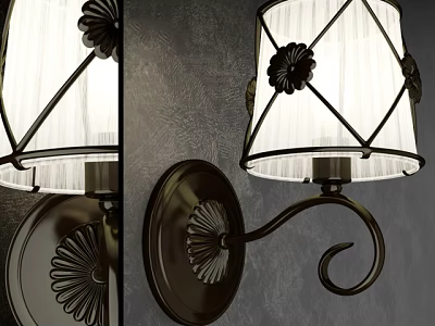Vintage Wall Lamp With White Lampshade Black Metal Frame Curved Arm And Floral Decorations 3d model