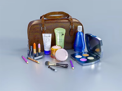 Luxury Perfume And Cosmetics Collection With Brown Leather Bag Skincare Bottles And Makeup Tools 3d model