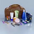 Luxury Perfume And Cosmetics Collection With Brown Leather Bag Skincare Bottles And Makeup Tools