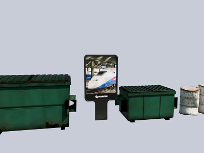 Public Facilities Setup With Green Trash Bins Information Display Board And Metal Drums 3d model