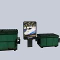 Public Facilities Setup With Green Trash Bins Information Display Board And Metal Drums
