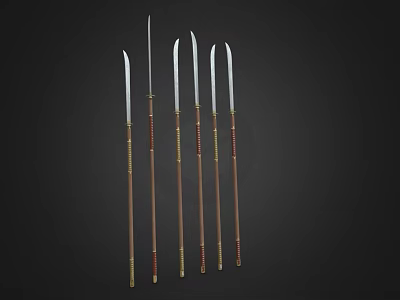 Six Long Bladed Polearms With Wooden Handles And Metal Blades Arranged Together 3d model