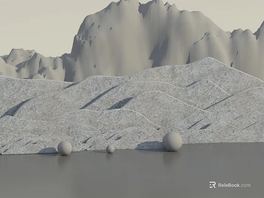 Gray Mountain Landscape With Water Surface And Spherical Decorative Balls 3d model 