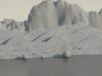Gray Mountain Landscape With Water Surface And Spherical Decorative Balls 3d model
