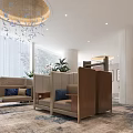 Hotel Public Lounge Area With Modern Sofas Wooden Dividers Chandelier Large Windows And Plants