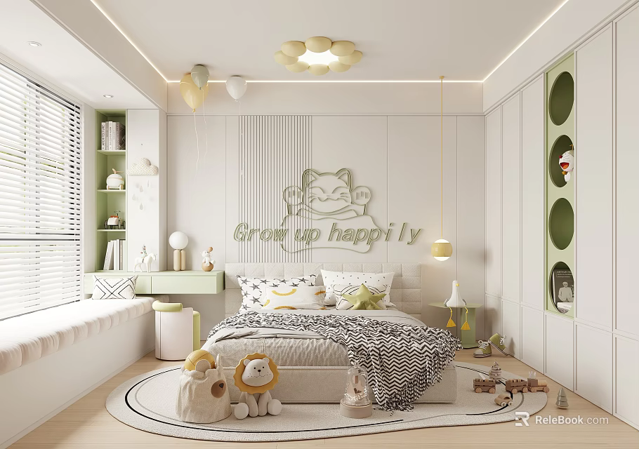 Cozy Modern Kids Bedroom With Stuffed Animals And Decorative Wall 3d model 