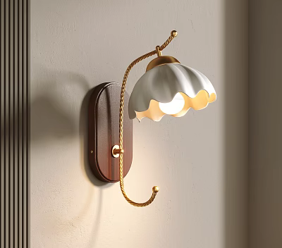 Modern Elegant Wall Lamp With White Petal Shaped Lampshade Wooden Base And Golden Arm 3d model