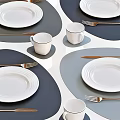 White Dinnerware Set With Plates Cups Forks Knives And Blue Placemats 3d model