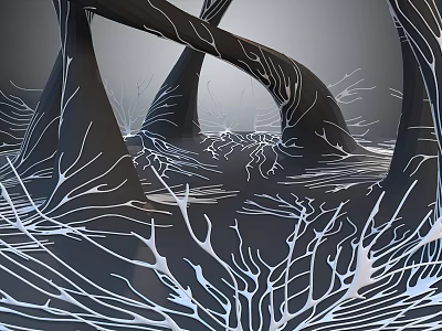 Cartoon Scene With Black And White Abstract Tree Root Structures And Flowing Intertwined Lines 3d model