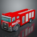 Red COMBOMAX Fire Truck With Ladder And Side Compartments On Reflective Surface