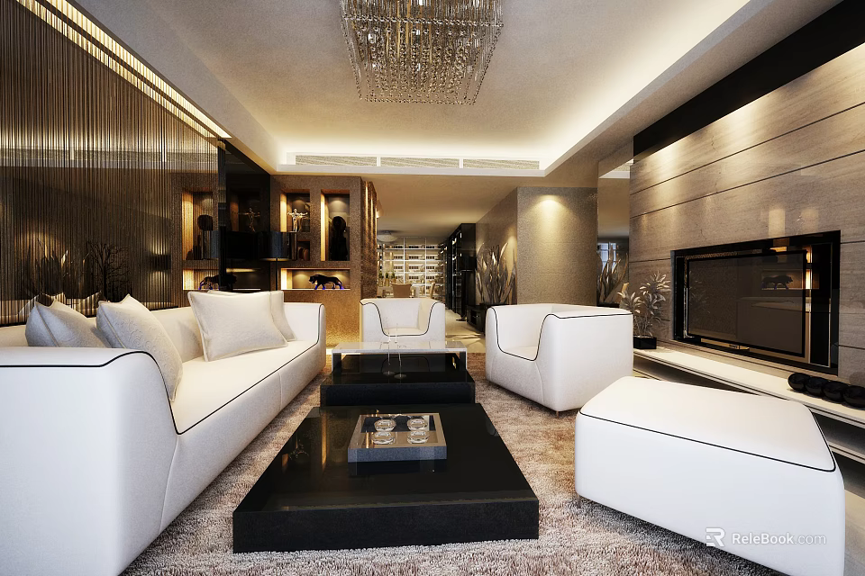 Modern Open Living Dining Room Interior With White Sofas Black Coffee Table TV And Chandelier 3d model 