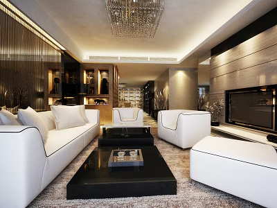 Modern Open Living Dining Room Interior With White Sofas Black Coffee Table TV And Chandelier 3d model