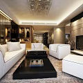 Modern Open Living Dining Room Interior With White Sofas Black Coffee Table TV And Chandelier