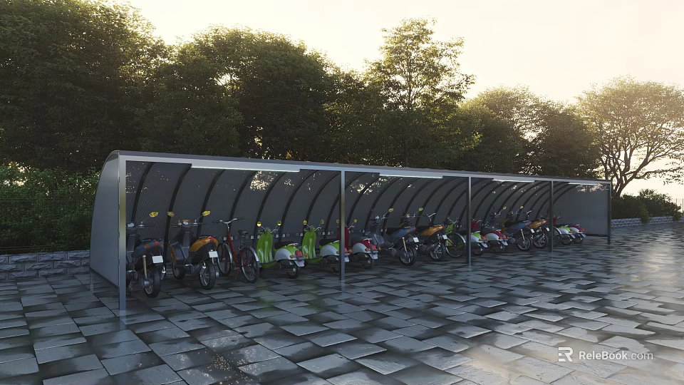 Modern Motorcycle Shelter with Multiple Parked Motorcycles and Tree Surroundings on Tiled Ground 3d model 