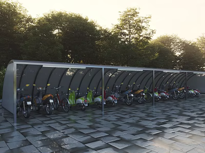 Modern Motorcycle Shelter with Multiple Parked Motorcycles and Tree Surroundings on Tiled Ground 3d model