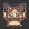 Cartoon Fantasy House With Pointed Red Roof Blue Tiles Yellow Walls And Arched Window