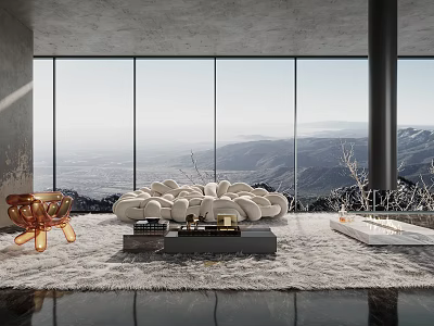 Modern Living Room Interior With Large Windows Mountain View White Sofa And Copper Chair 3d model