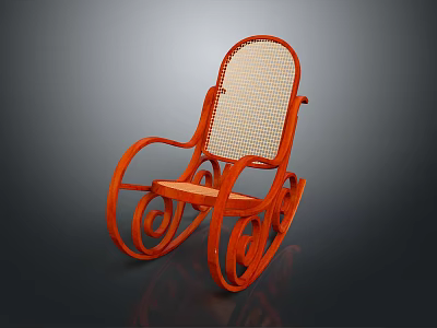 Orange Rocking Leisure Chair With Wicker Backrest Wooden Curved Frame And Scroll Legs For Comfort 3d model