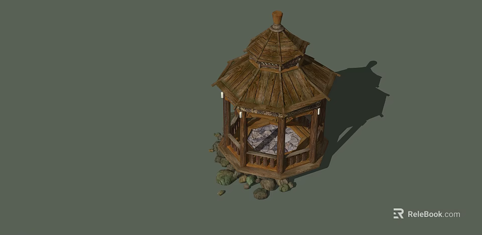 Wooden Garden Pavilion With Hexagonal Roof Patterned Floor Tiles And Surrounding Stones 3d model 
