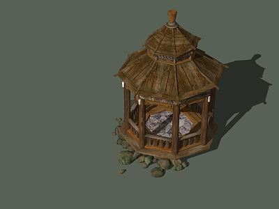 Wooden Garden Pavilion With Hexagonal Roof Patterned Floor Tiles And Surrounding Stones 3d model