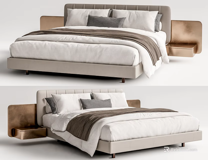Modern Double Bed with Upholstered Headboard Matching Nightstand and White Gray Bedding 3d model 