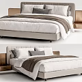 Modern Double Bed with Upholstered Headboard Matching Nightstand and White Gray Bedding