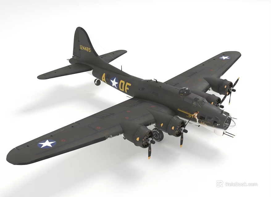 Military Airplane Model With Black Body Four Propellers Star Insignia On Wings And DF Marking 3d model 