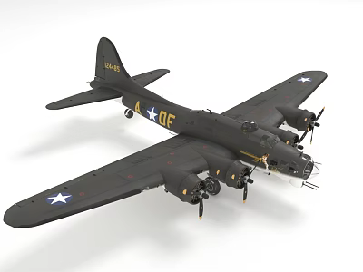 Military Airplane Model With Black Body Four Propellers Star Insignia On Wings And DF Marking 3d model