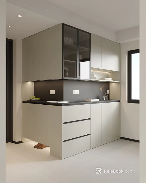 Modern Kitchen Interior Design With Gray Cabinets Black Countertop And Lighting 3d model