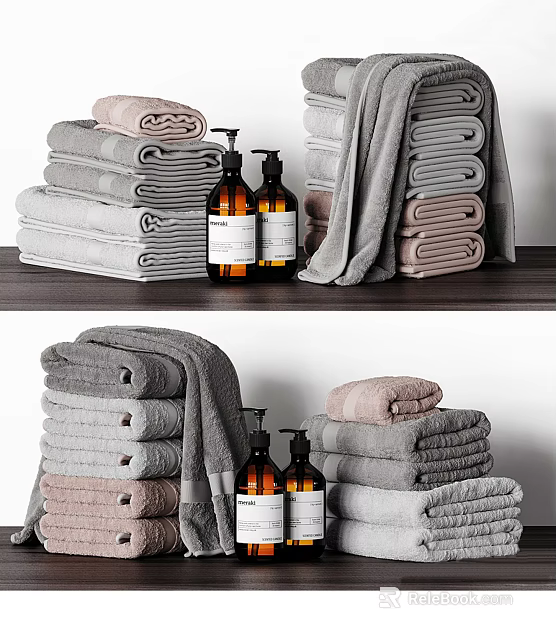 Luxury Stacked Towels in Soft Colors with Lotion Bottles on Modern Bathroom Countertop 3d model 
