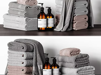 Luxury Stacked Towels in Soft Colors with Lotion Bottles on Modern Bathroom Countertop 3d model